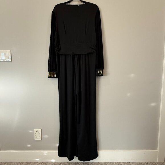 Elegant Jumpsuit Long Sheer Sleeve Deep V-Neck Wide Leg Gold Studs XL - Picture 7 of 8